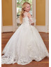 Ivory Lace Tulle Flower Girl Dress With Detachable Puff Sleeves